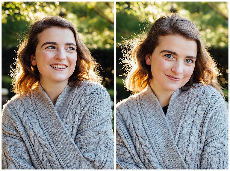 high school senior photographer in Madison WI girl wearing gray cardigan outside in good light 