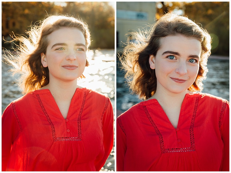 girl wearing red shirt on the lake for senior pictures in Madison WI