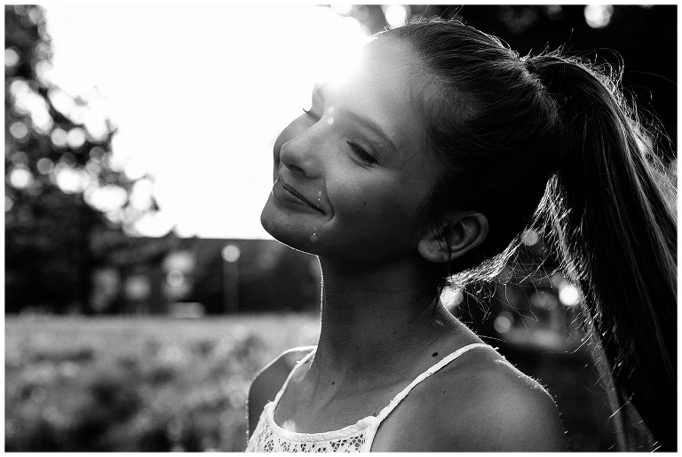 High school senior girl, black and white