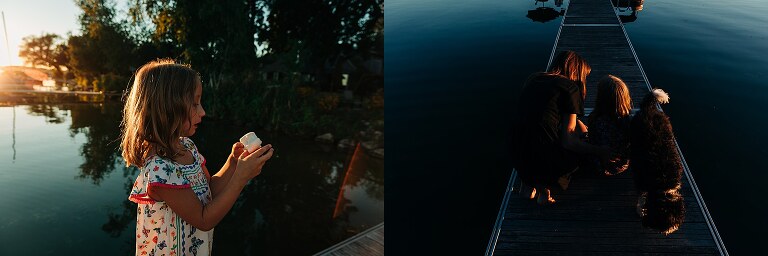 girl eats marshmallow by the lake, and sits with her mother and dog on a dock. 