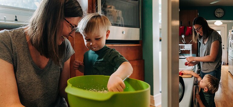 mom shares fresh whipped cream with son on Saturday pancakes day