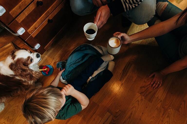 mom and dad cheers their coffee while their toddler son sucks his thumb and dog looks on