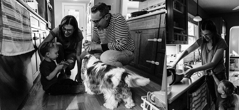 parents and toddler son prepare pancakes and toppings in the kitchen 