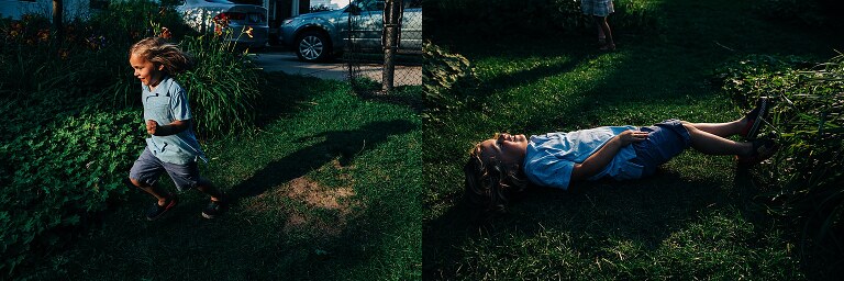 Child runs down hill with full shadow extended into the frame and then log rolls down the hill