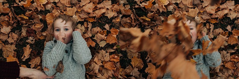 diptych, preschooler lays in fall leaves at dusk and semi-covered face of getting leaves tossed over him 