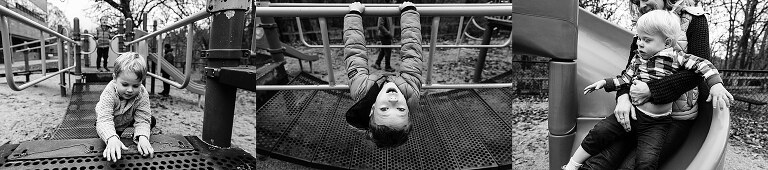triptych black and white; three boys in individual images at the park but still together 