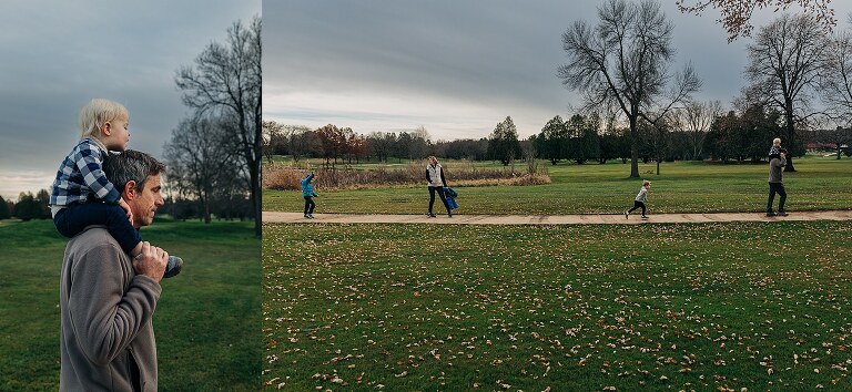 diptych of dad holding son on shoulders with a pullback of entire family walking on the golf course