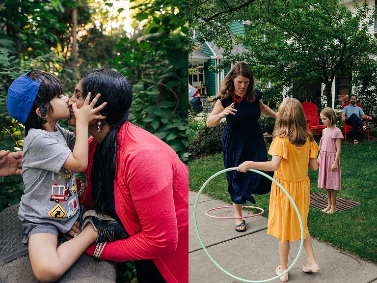 Boy holds mother's face in his hands and kisses her nose; mothers skip with hula hoops with her two daughters