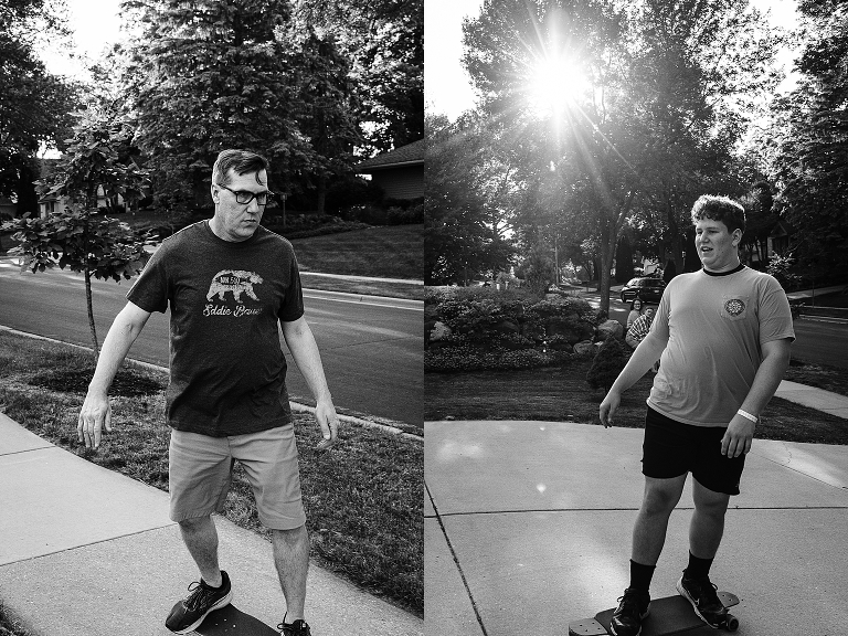 Black and white, diptych: youngest son and father skateboard in their front yard