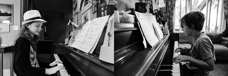Black and white, diptych: middle and youngest son practice on a piano in their home