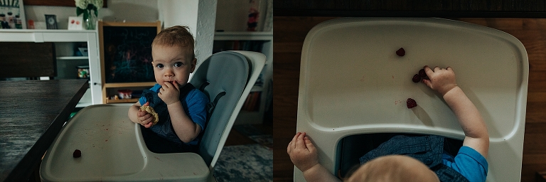 Diptych: young son wearing blue shirt eats blueberries in a highchair (with top down shot) in home