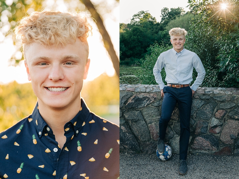 high school senior boy pictures. boy wearing pineapple shirt and has foot on a soccer ball