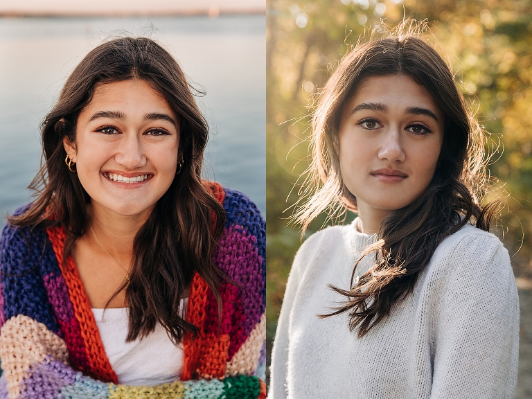 high school senior photos senior girl in rainbow cardigan and smiling 