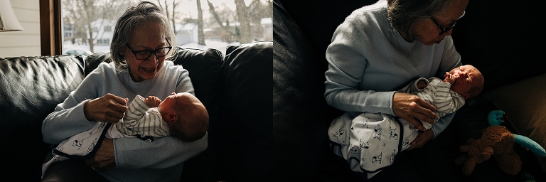 Grandmother holds newborn baby in cozy swaddle