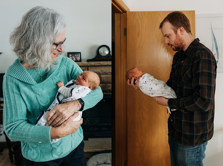 Father and Grandmother hold newborn baby in a cozy swaddle at home