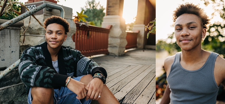 senior boy sitting on a porch with sunlight coming over his shoulder