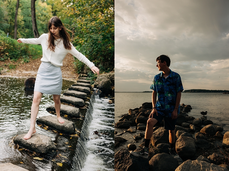 Senior girl walking on rocks, senior boy standing on rocks looking toward sky