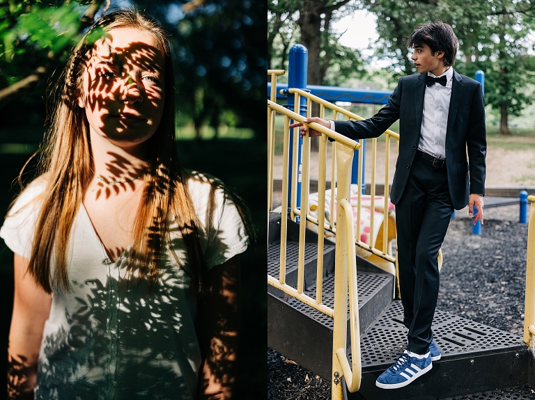 senior girl covered in leaf shadows and senior boy in a tux a children's playground 