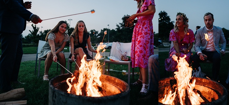 Diptych: guests roast marshmallows, wife roasts marshmallows as husband's marshmallow catches fire; all a Tenney Park Documentary Wedding
