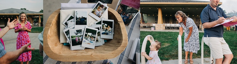 Diptych: Wife converses with guests, a wooden bowl of print photos, a woman plays with a young toddler, all at the reception of the Tenney Park Documentary Wedding