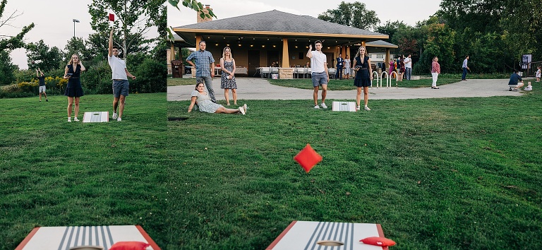 Diptych: two angles of a game of cornhole at the Tenney Park Documentary Wedding reception