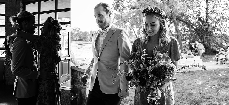 Black and white, diptych: newly weds walk to the reception and embrace once more