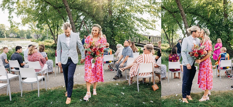 Diptych: Husband and wife walk back up isle and exchange another kiss at Tenney Park Documentary Wedding