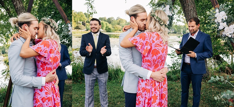 Diptych: angles of the bride and grooms kiss at Tenney Park Documentary Wedding