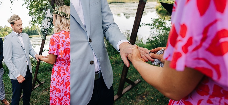 Diptych: Angles show bride putting wedding ring on groom's finger at Tenney Park Documentary Wedding