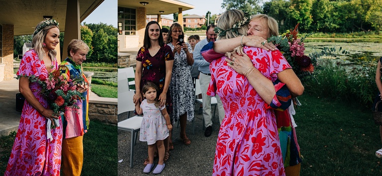 Diptych: mother walks out bride (and embraces) before wedding ceremony