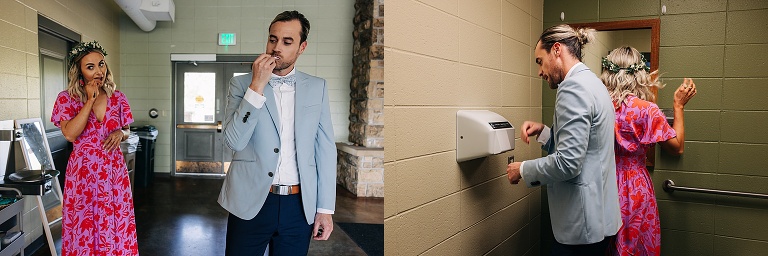 Diptych: Bride and groom prepare for wedding in bathroom