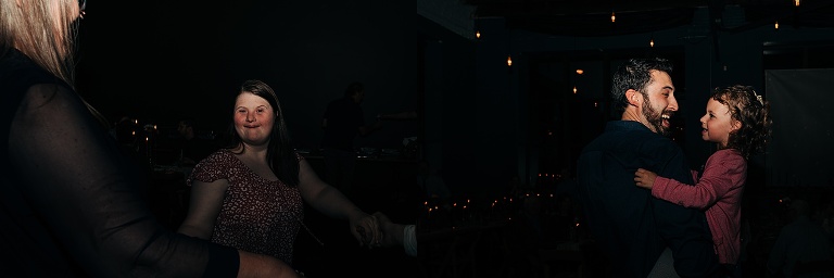 Four guests including two women, a man and a young girl celebrate the wedding on the dimly lit deck