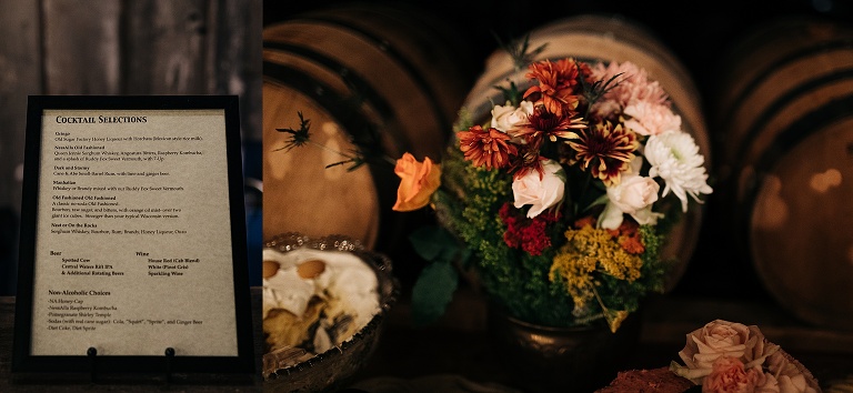 Top down: colorful flower bouquet with restaurant drinks menu to the left
