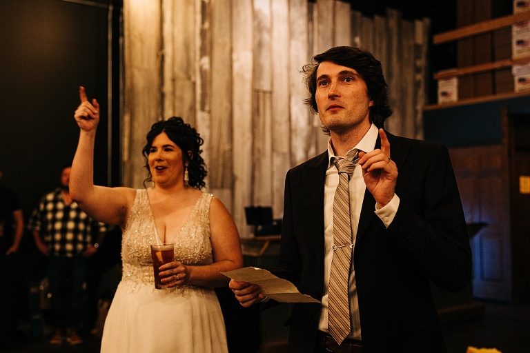 Husband and wife read a paper prepared speech/toast at the restaurant