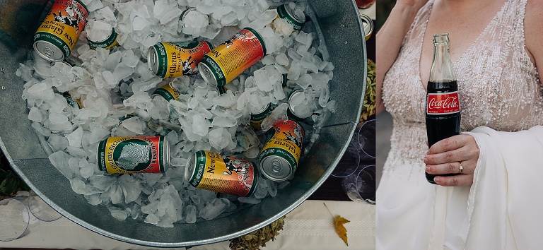Diptych: A large metal pail filled with ice and New Glarus Spotted Cow, the wife drinks a bottle of Coca Cola at wedding reception 