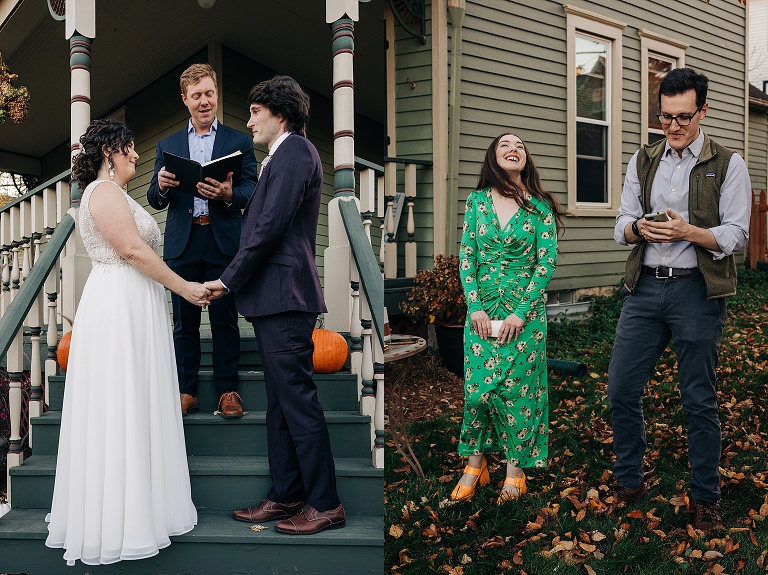Diptych: officiant starts ceremony on couples front steps, Bridesmaid and best man both dressed informally react to the proceedings