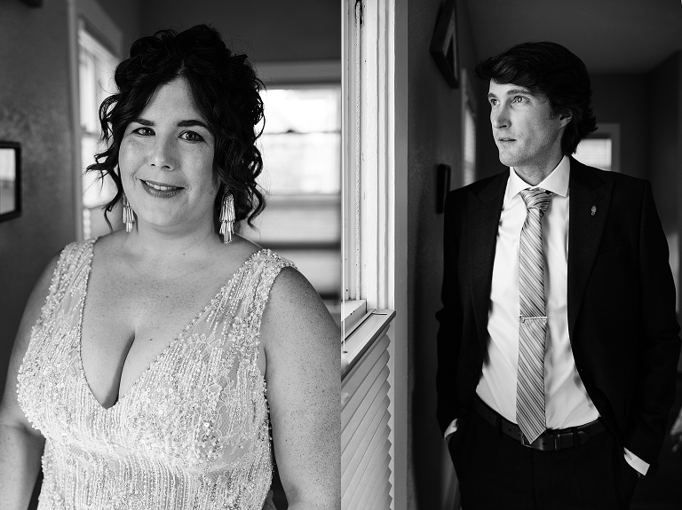 Diptych: Both the bride and groom in their wedding close beofre the ceremony 